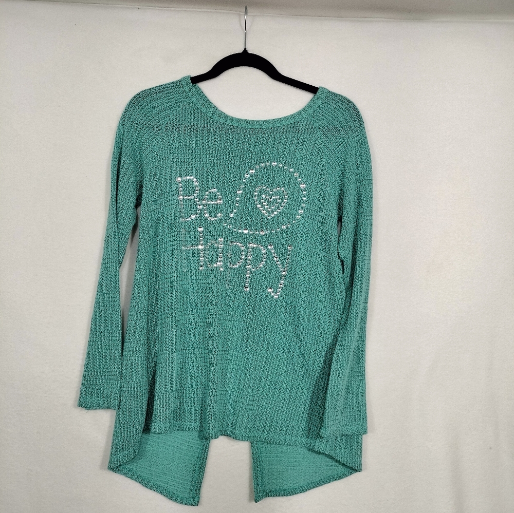 Teal Knit "Be Happy" Studded Sweater Tutta Bella Maternity